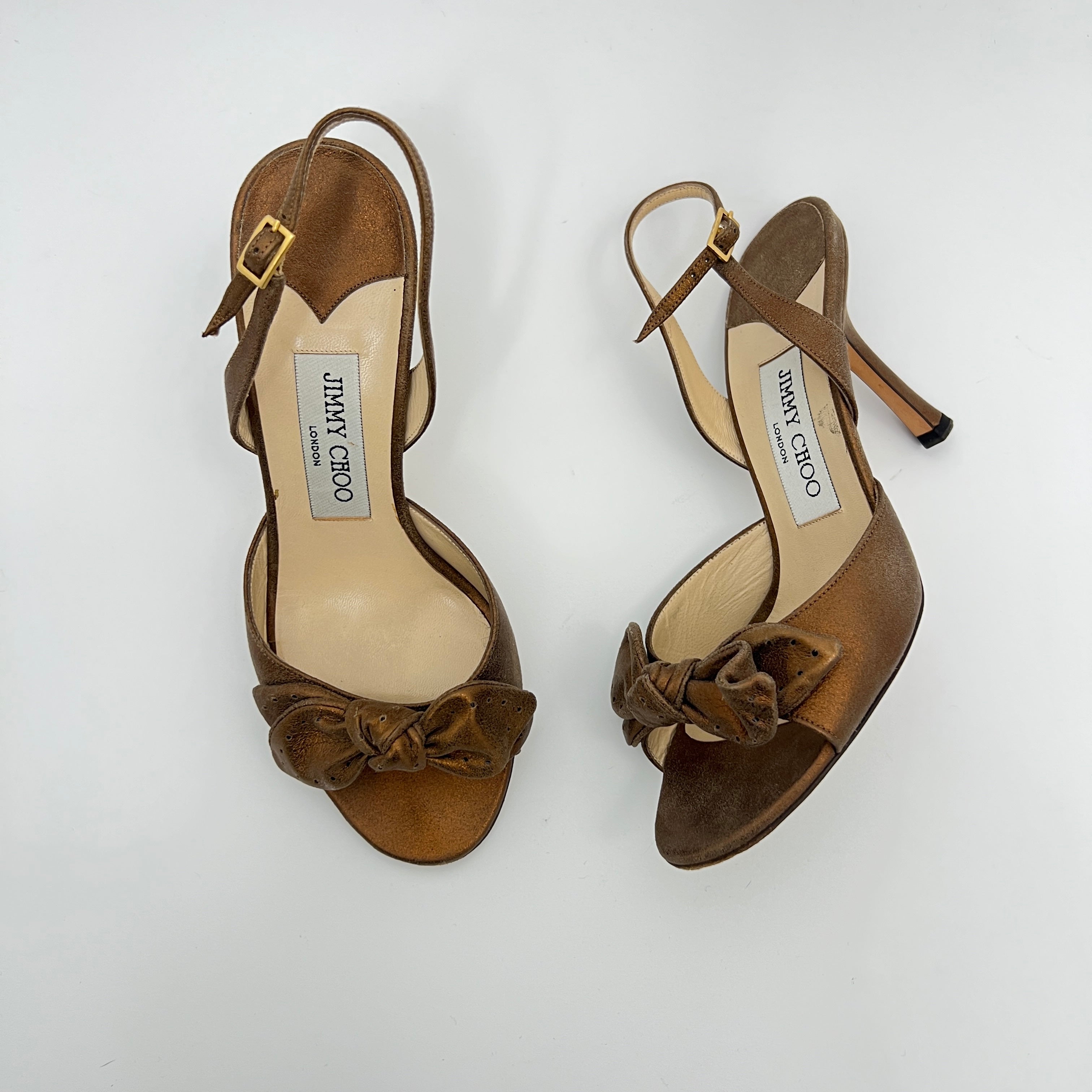 Jimmy Choo | Metallic Bronze Gold Suede Leather Bow Slingback Stiletto Heels (36)