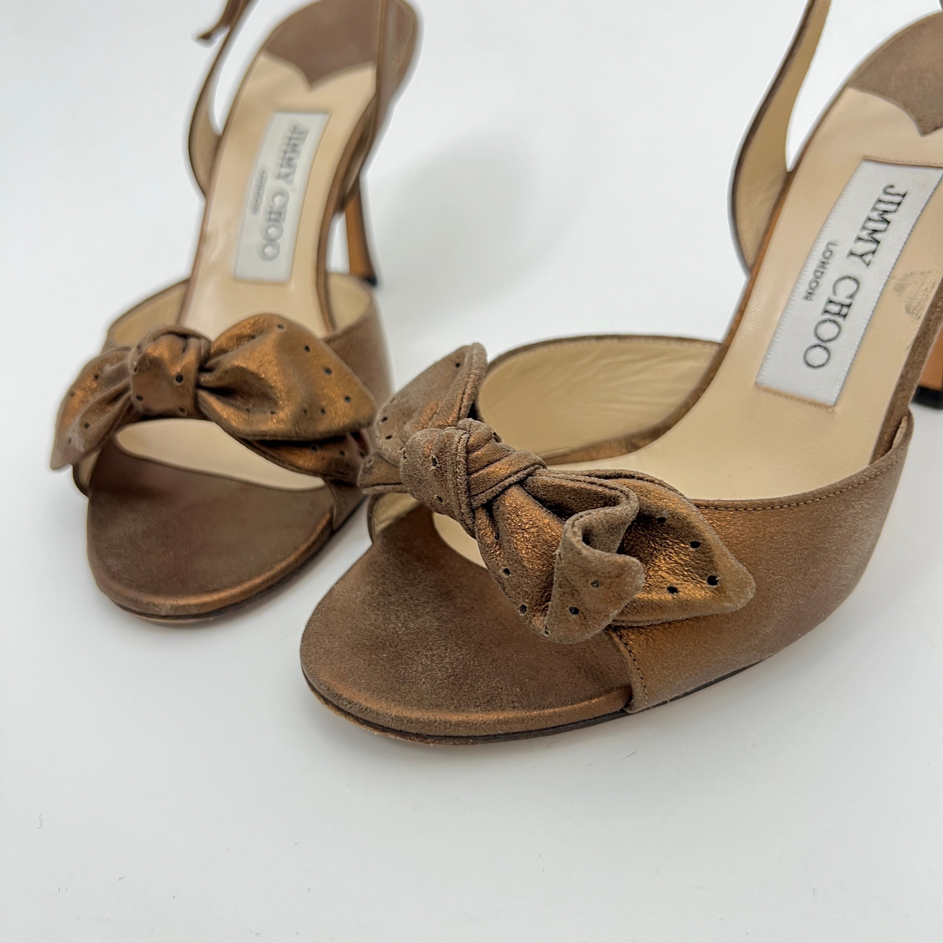Jimmy Choo | Metallic Bronze Gold Suede Leather Bow Slingback Stiletto Heels (36)