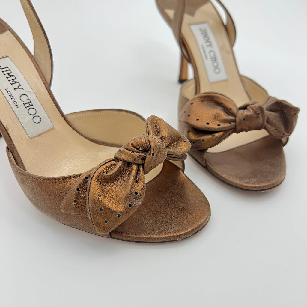 Jimmy Choo | Metallic Bronze Gold Suede Leather Bow Slingback Stiletto Heels (36)