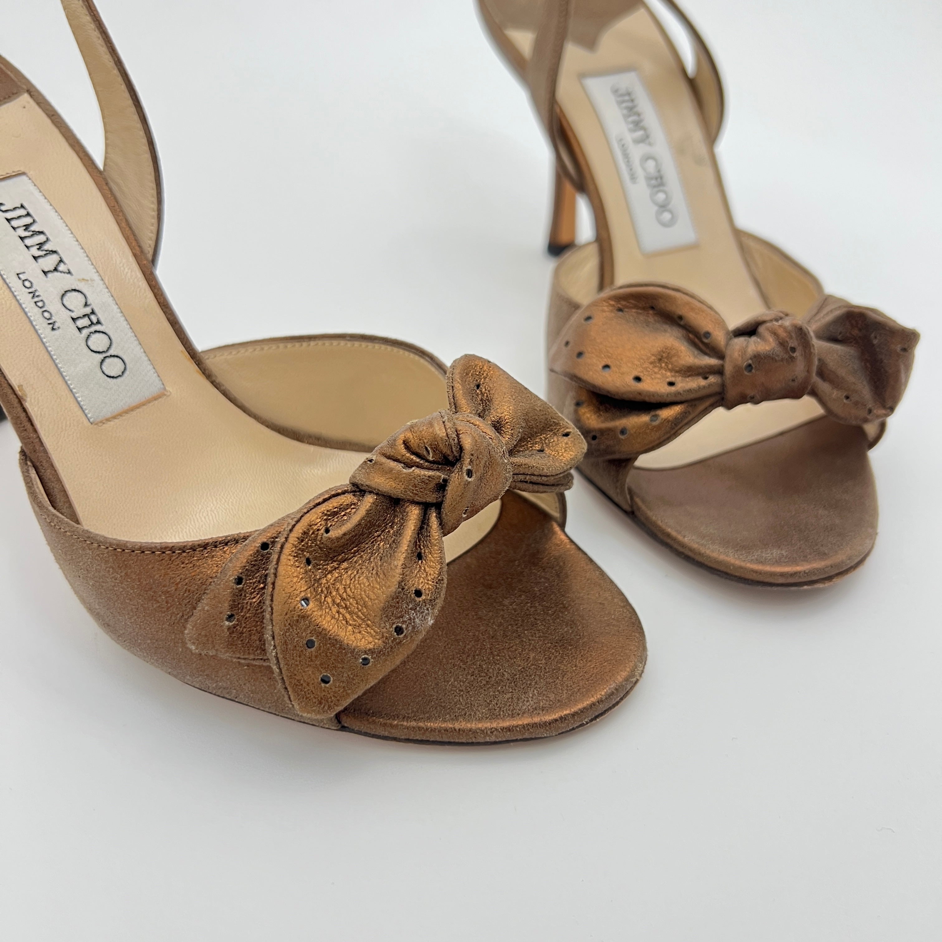 Jimmy Choo | Metallic Bronze Gold Suede Leather Bow Slingback Stiletto Heels (36)