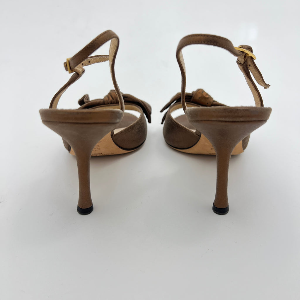 Jimmy Choo | Metallic Bronze Gold Suede Leather Bow Slingback Stiletto Heels (36)