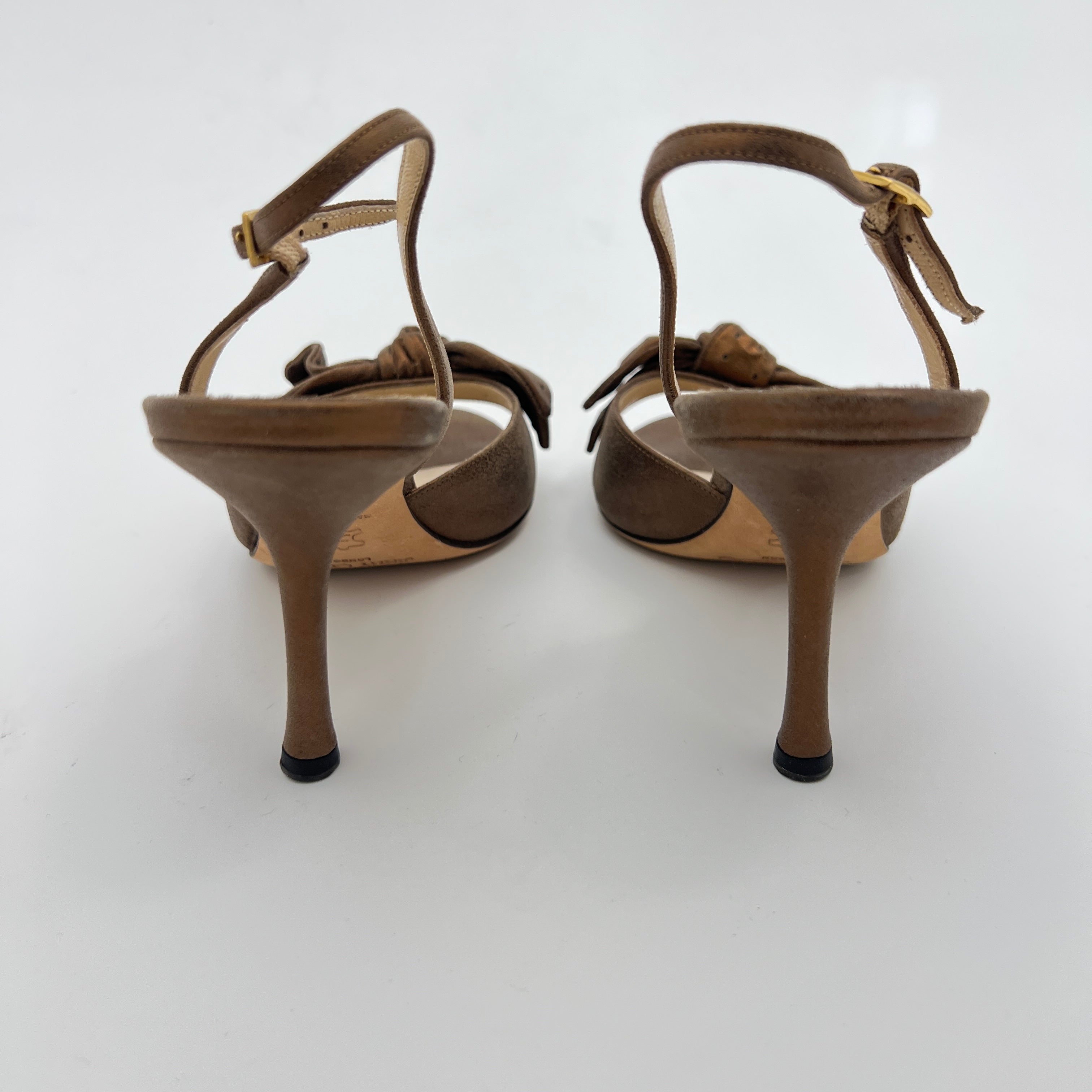 Jimmy Choo | Metallic Bronze Gold Suede Leather Bow Slingback Stiletto Heels (36)