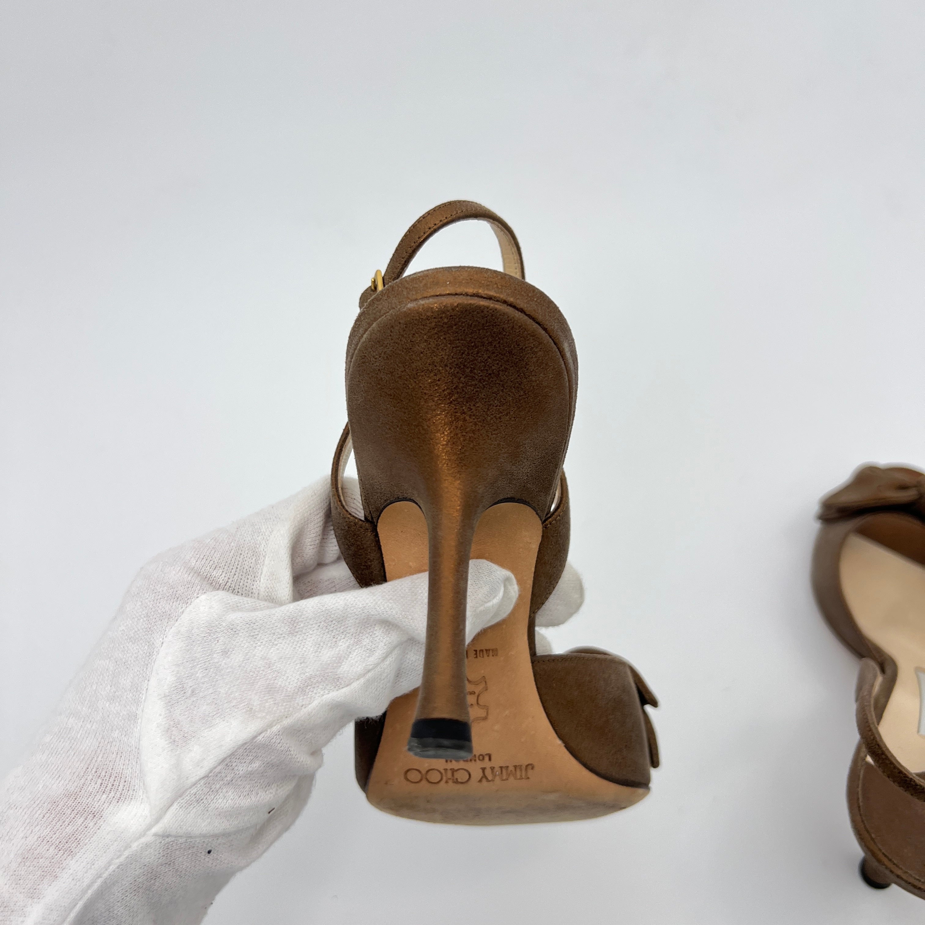 Jimmy Choo | Metallic Bronze Gold Suede Leather Bow Slingback Stiletto Heels (36)