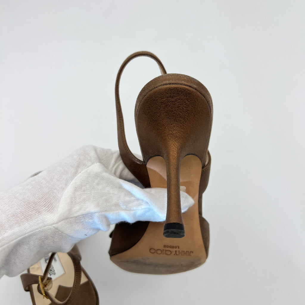 Jimmy Choo | Metallic Bronze Gold Suede Leather Bow Slingback Stiletto Heels (36)