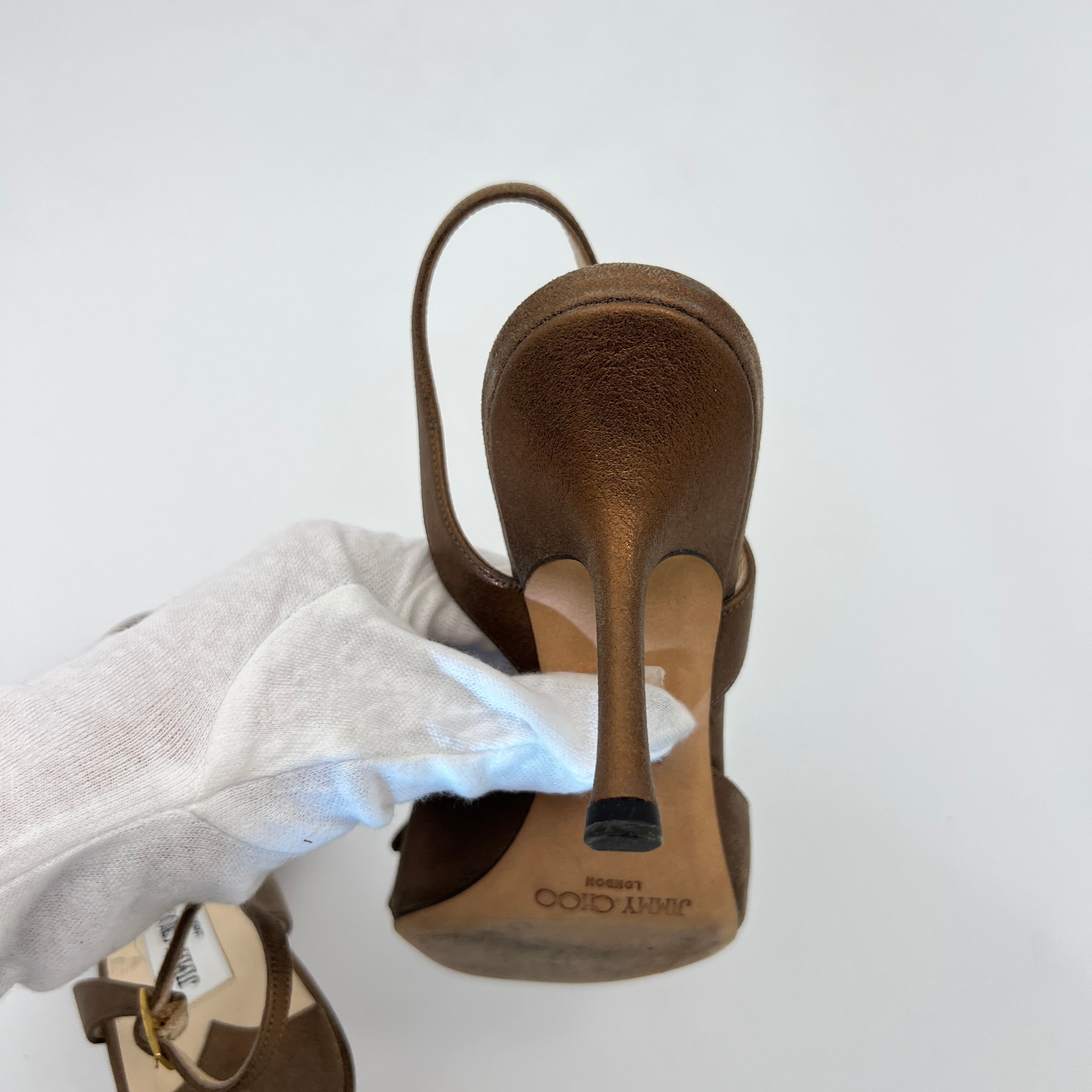 Jimmy Choo | Metallic Bronze Gold Suede Leather Bow Slingback Stiletto Heels (36)