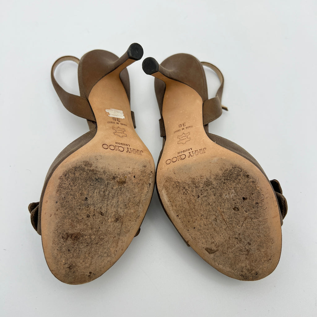Jimmy Choo | Metallic Bronze Gold Suede Leather Bow Slingback Stiletto Heels (36)