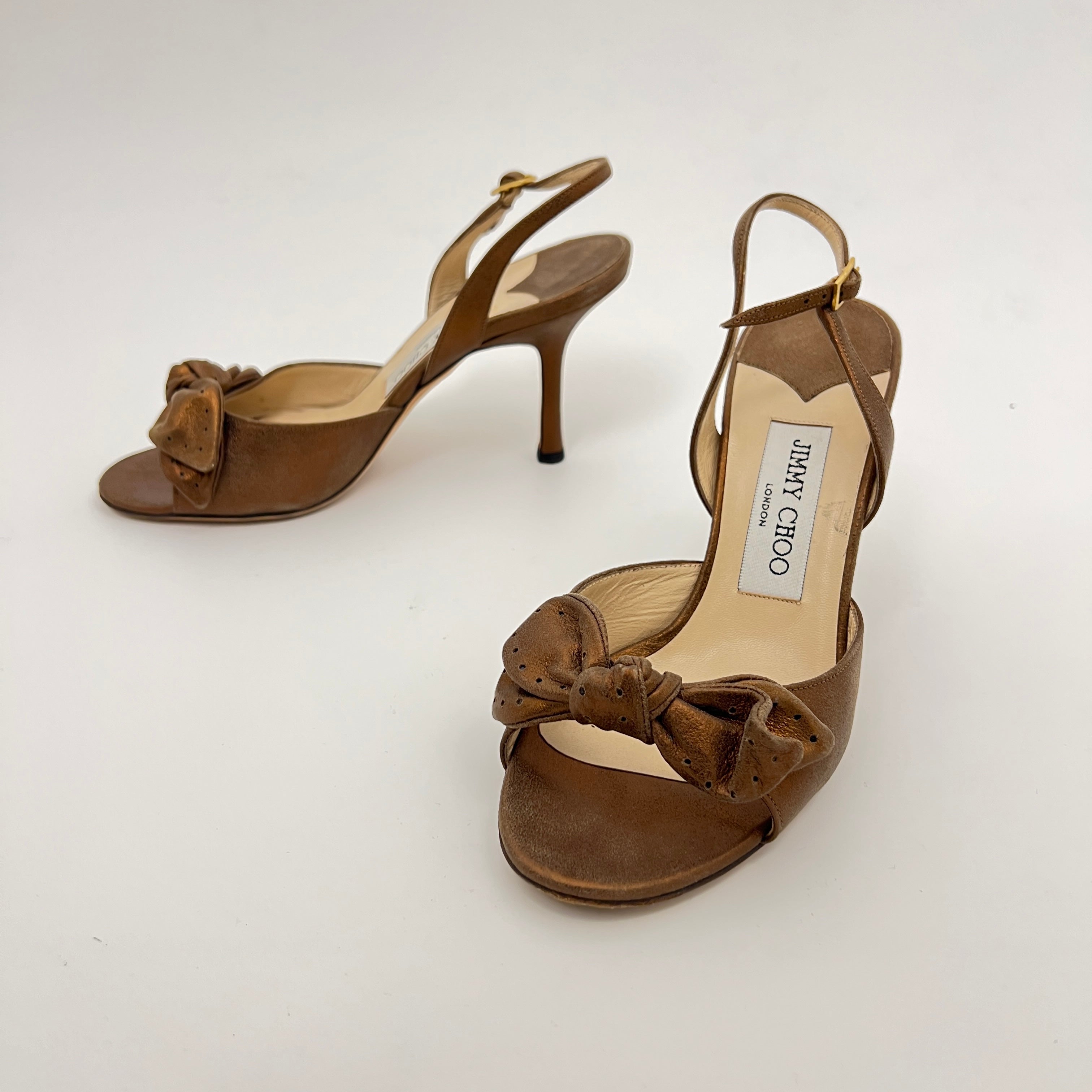 Jimmy Choo | Metallic Bronze Gold Suede Leather Bow Slingback Stiletto Heels (36)