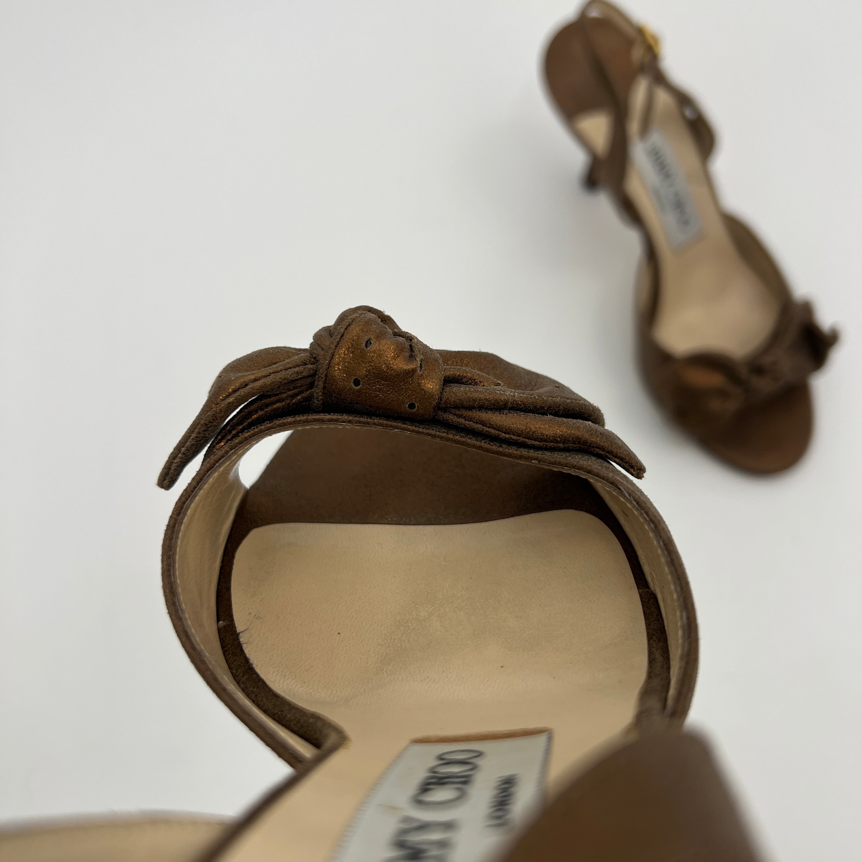Jimmy Choo | Metallic Bronze Gold Suede Leather Bow Slingback Stiletto Heels (36)