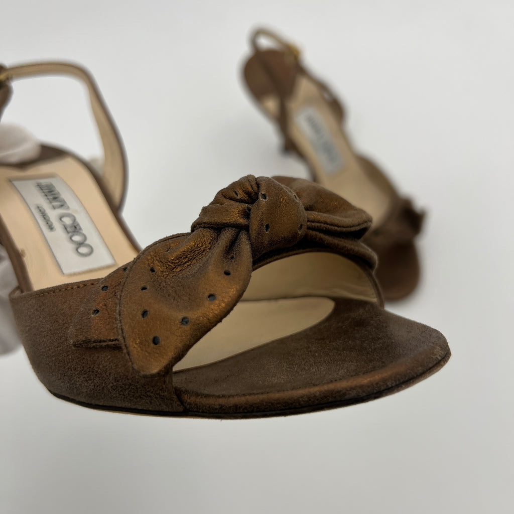 Jimmy Choo | Metallic Bronze Gold Suede Leather Bow Slingback Stiletto Heels (36)