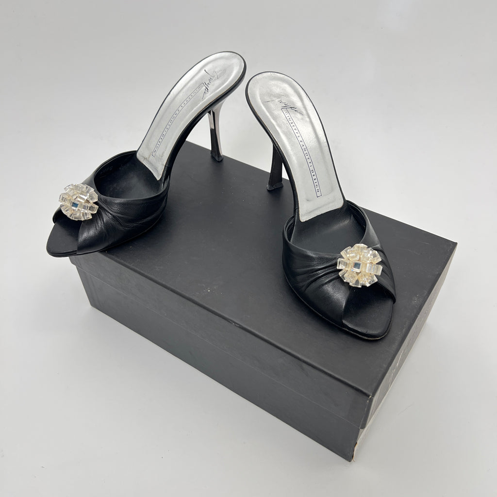 Giuseppe Zanotti | Black Leather Mirror Glass Ball Applique Mules (36)