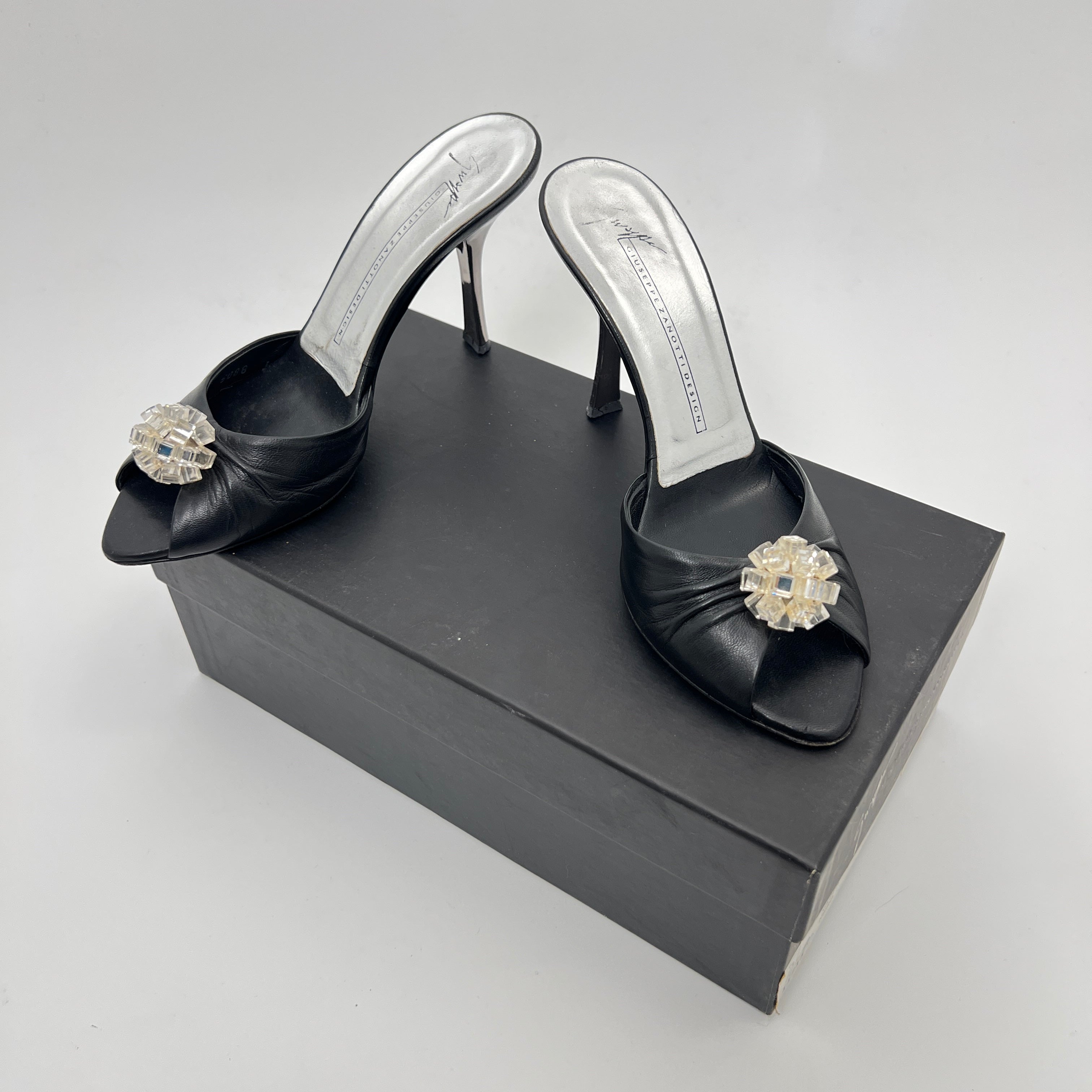 Giuseppe Zanotti | Black Leather Mirror Glass Ball Applique Mules (36)