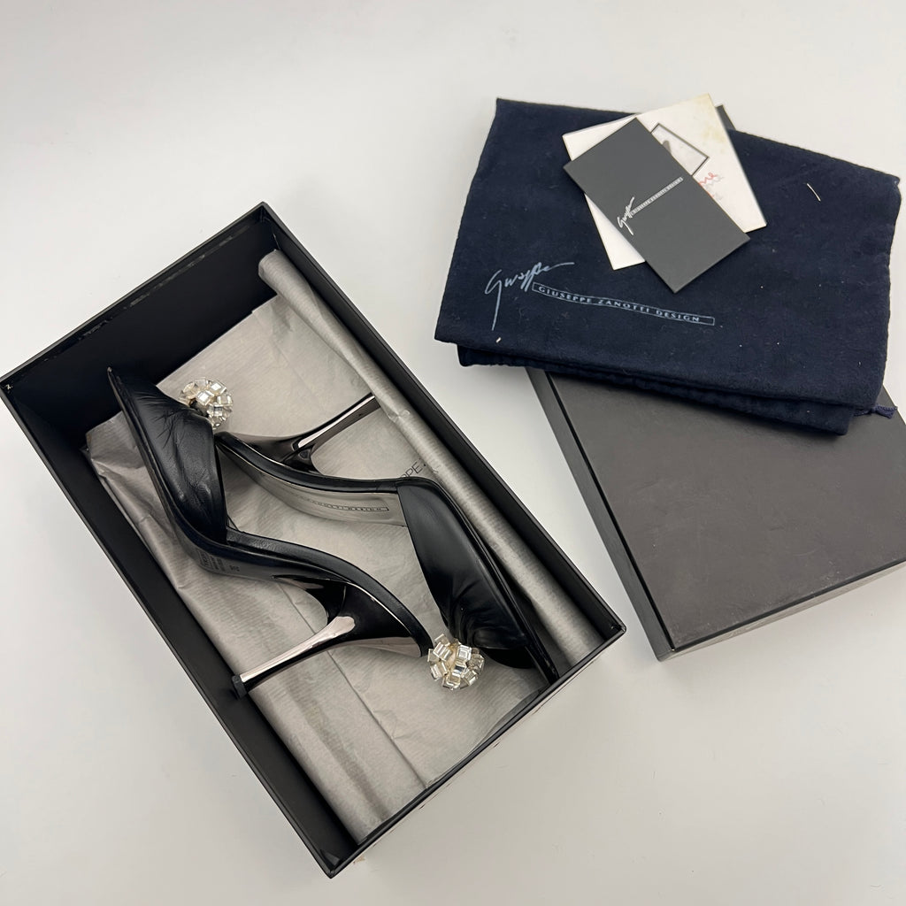 Giuseppe Zanotti | Black Leather Mirror Glass Ball Applique Mules (36)