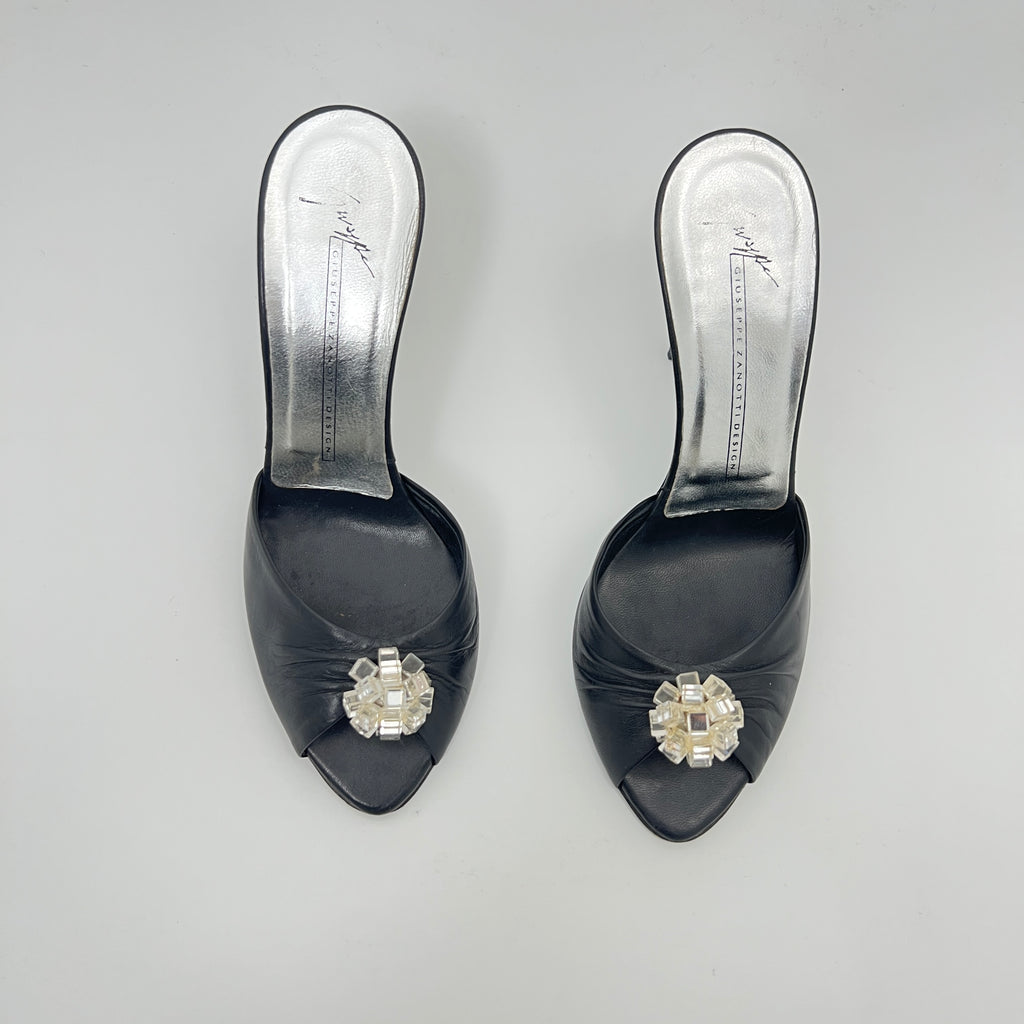 Giuseppe Zanotti | Black Leather Mirror Glass Ball Applique Mules (36)