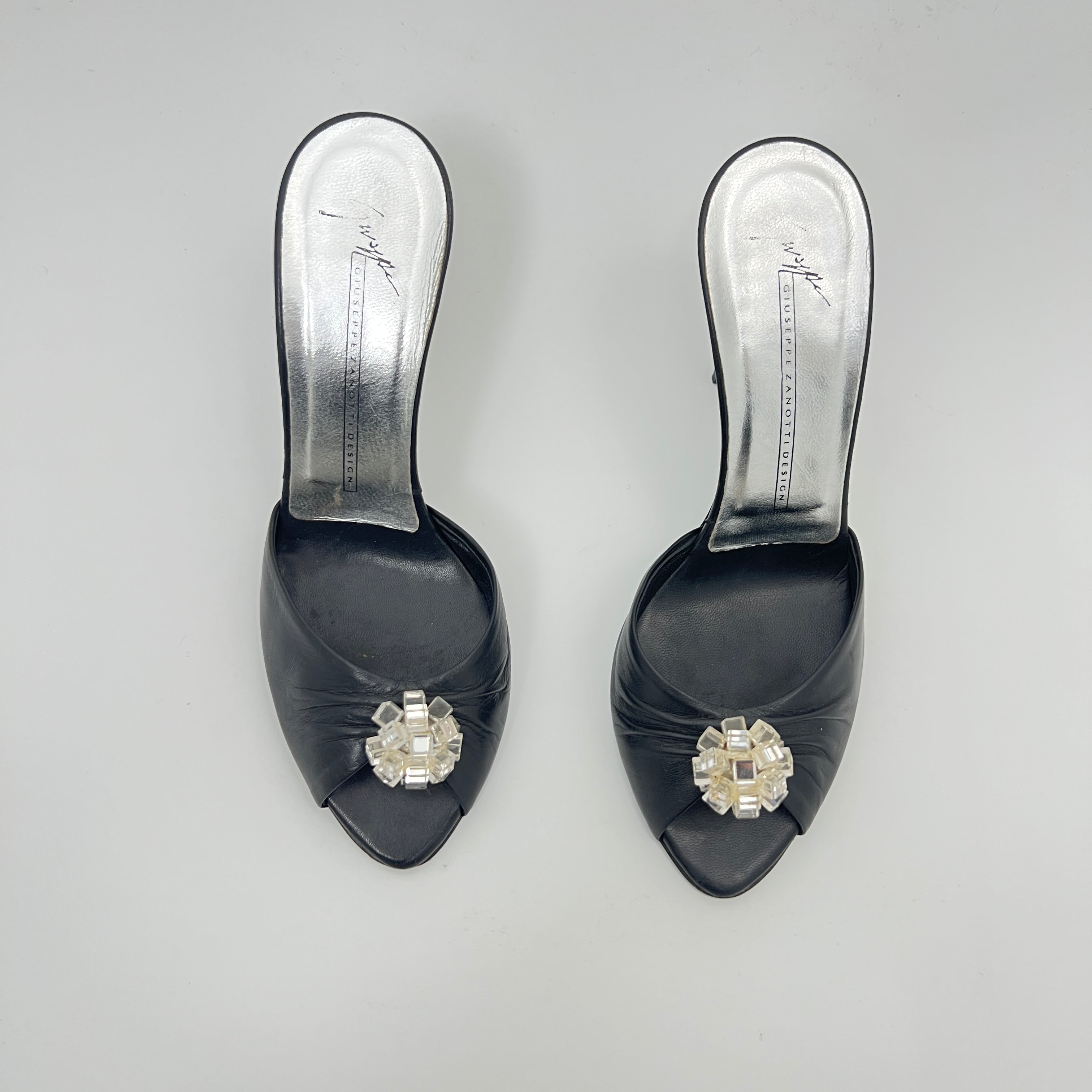 Giuseppe Zanotti | Black Leather Mirror Glass Ball Applique Mules (36)
