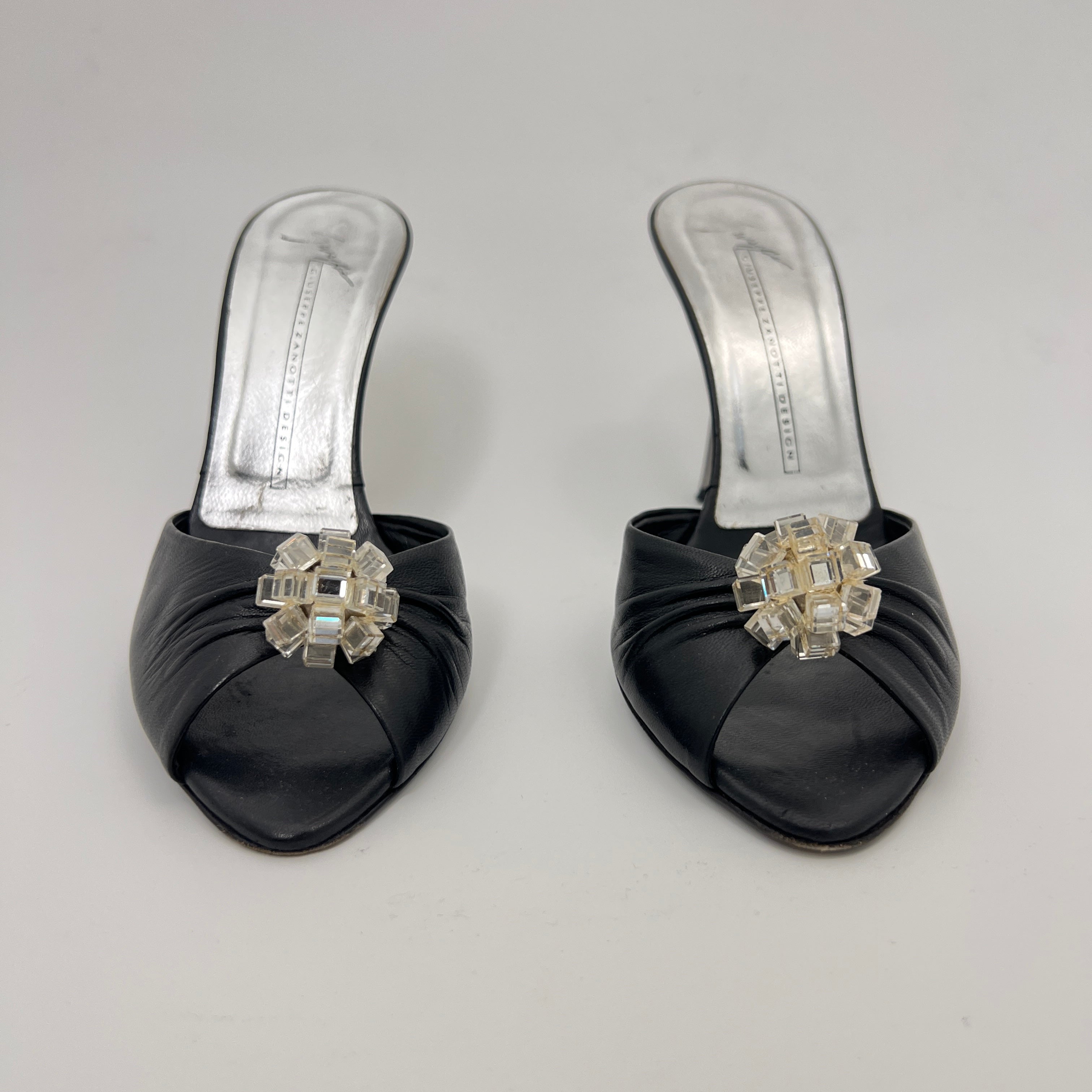 Giuseppe Zanotti | Black Leather Mirror Glass Ball Applique Mules (36)