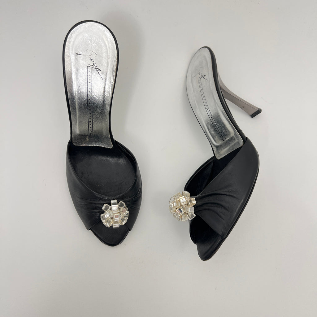 Giuseppe Zanotti | Black Leather Mirror Glass Ball Applique Mules (36)