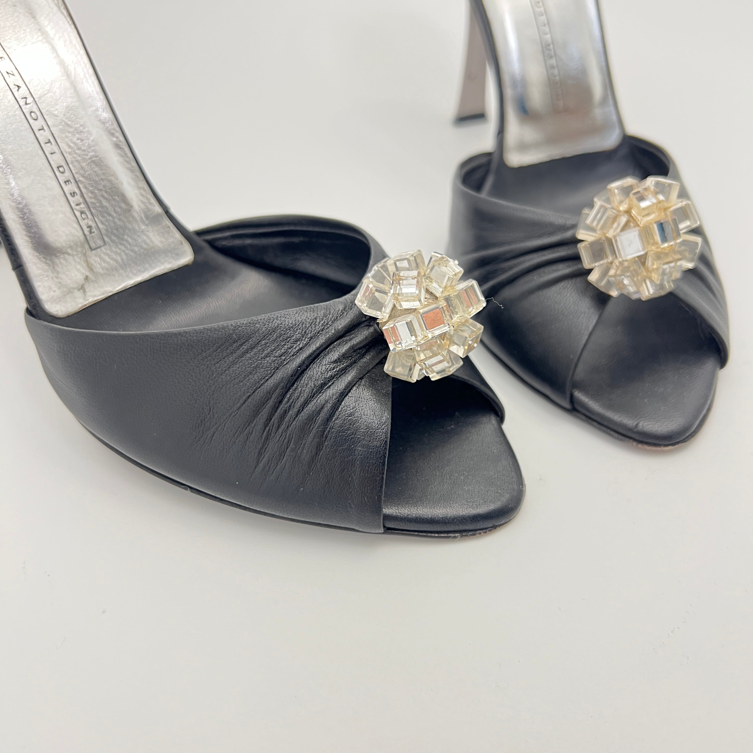 Giuseppe Zanotti | Black Leather Mirror Glass Ball Applique Mules (36)