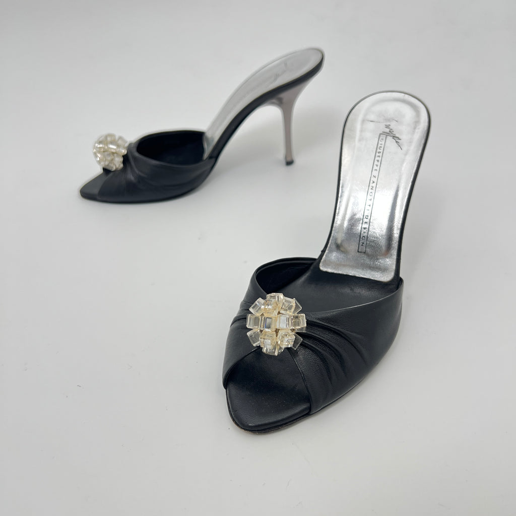 Giuseppe Zanotti | Black Leather Mirror Glass Ball Applique Mules (36)
