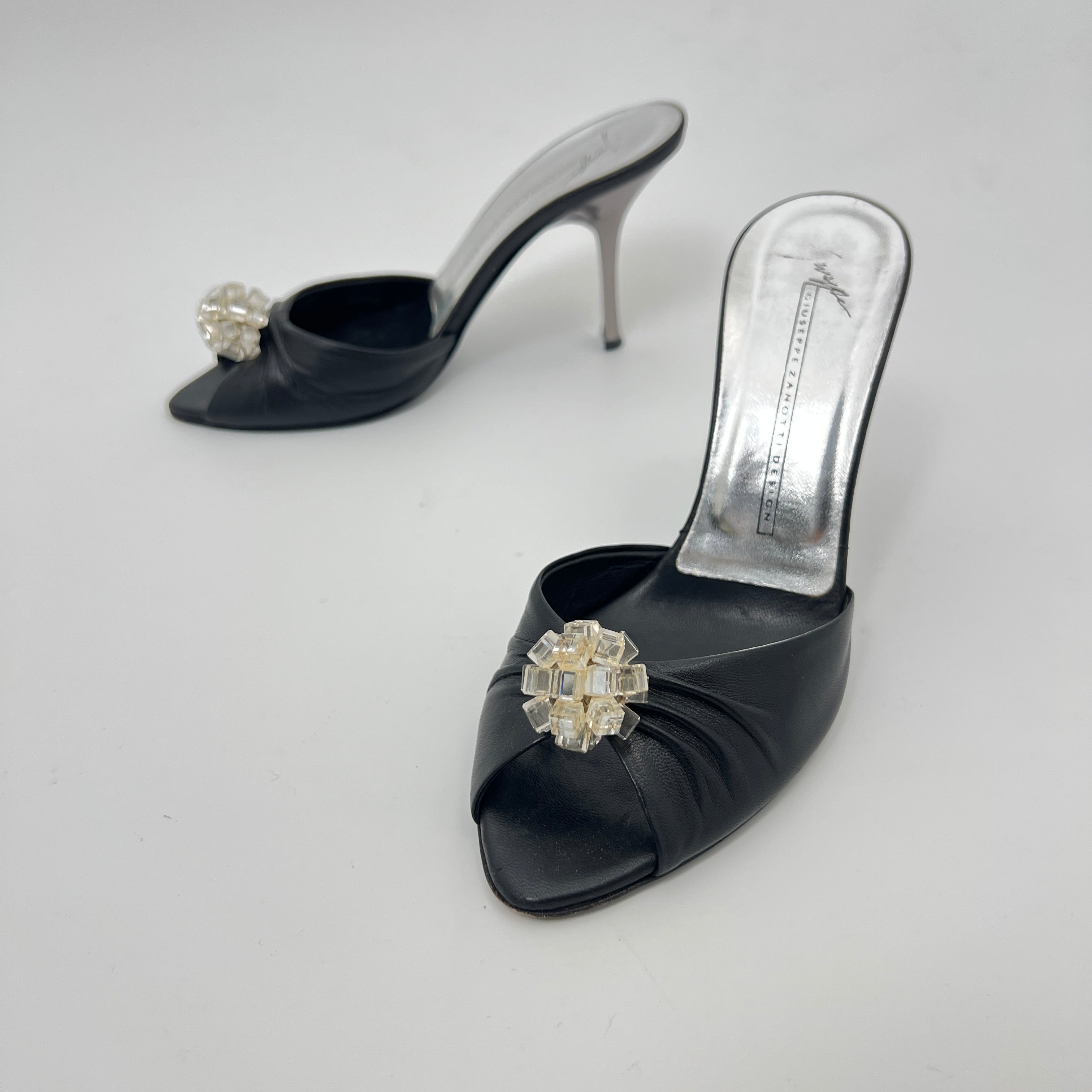 Giuseppe Zanotti | Black Leather Mirror Glass Ball Applique Mules (36)