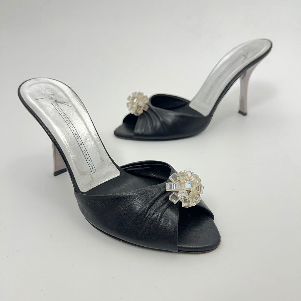 Giuseppe Zanotti | Black Leather Mirror Glass Ball Applique Mules (36)