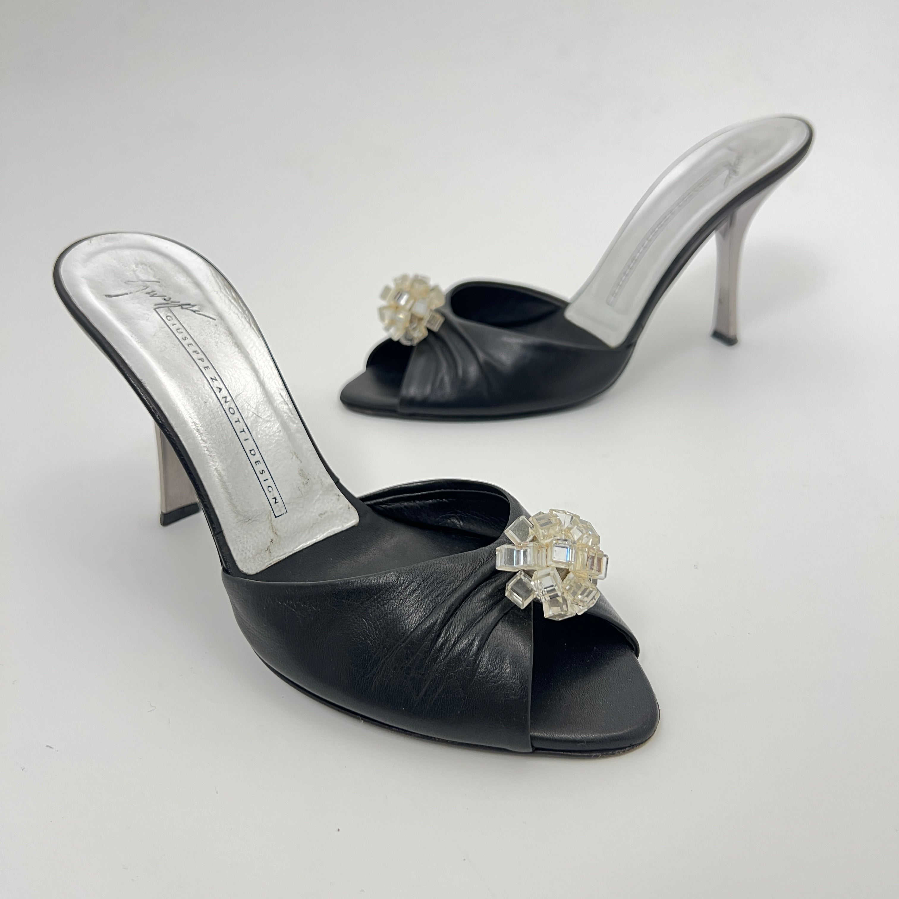 Giuseppe Zanotti | Black Leather Mirror Glass Ball Applique Mules (36)