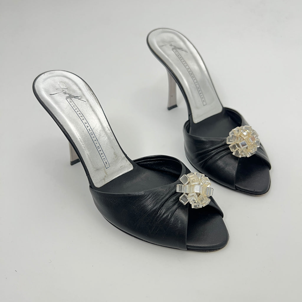 Giuseppe Zanotti | Black Leather Mirror Glass Ball Applique Mules (36)
