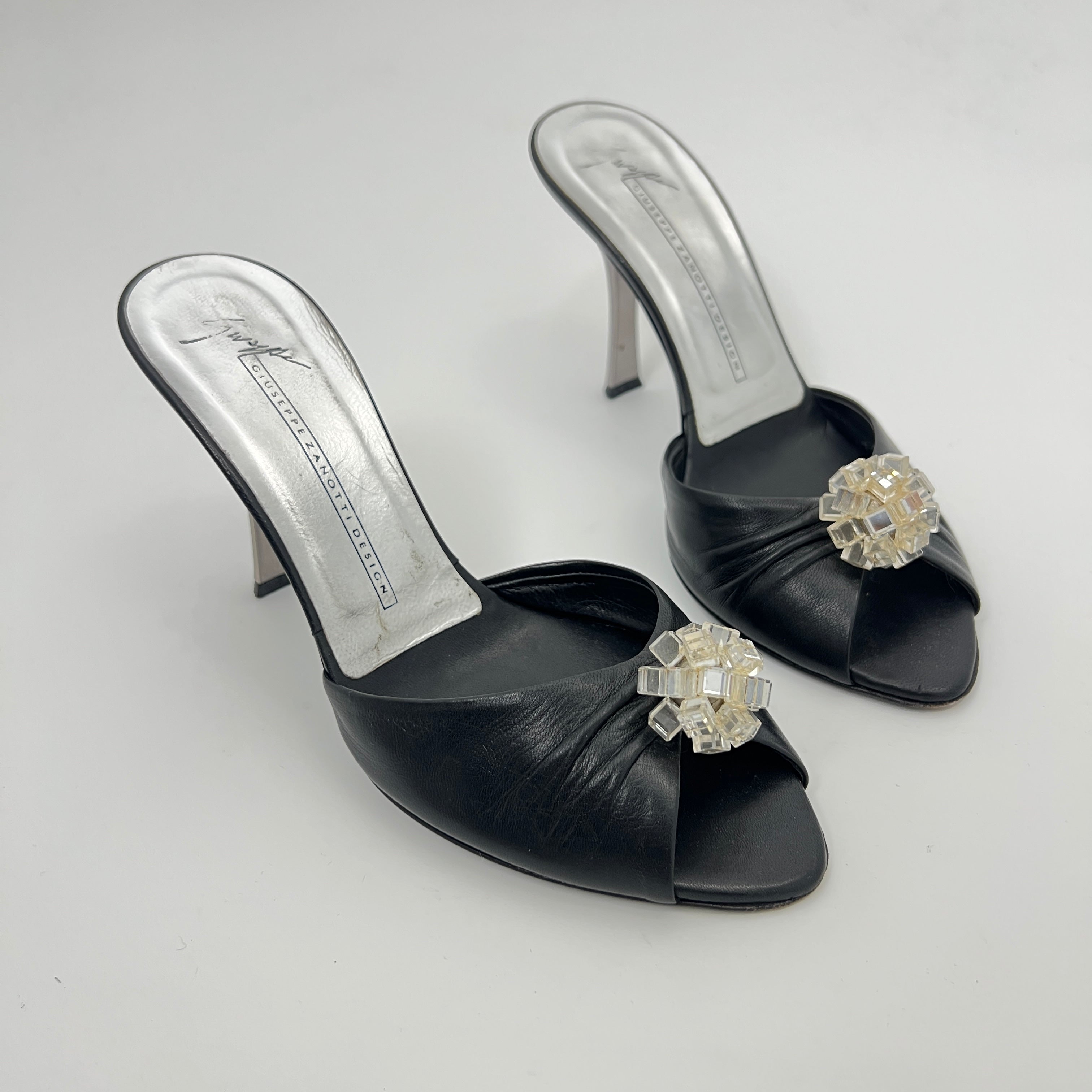 Giuseppe Zanotti | Black Leather Mirror Glass Ball Applique Mules (36)
