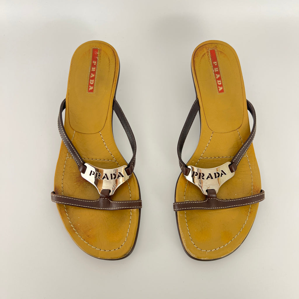 Prada | Brown Leather Silver Logo Buckle Kitten Sandal Heels (34.5)