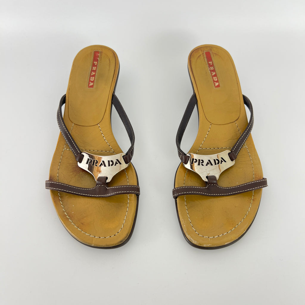Prada | Brown Leather Silver Logo Buckle Kitten Sandal Heels (34.5)