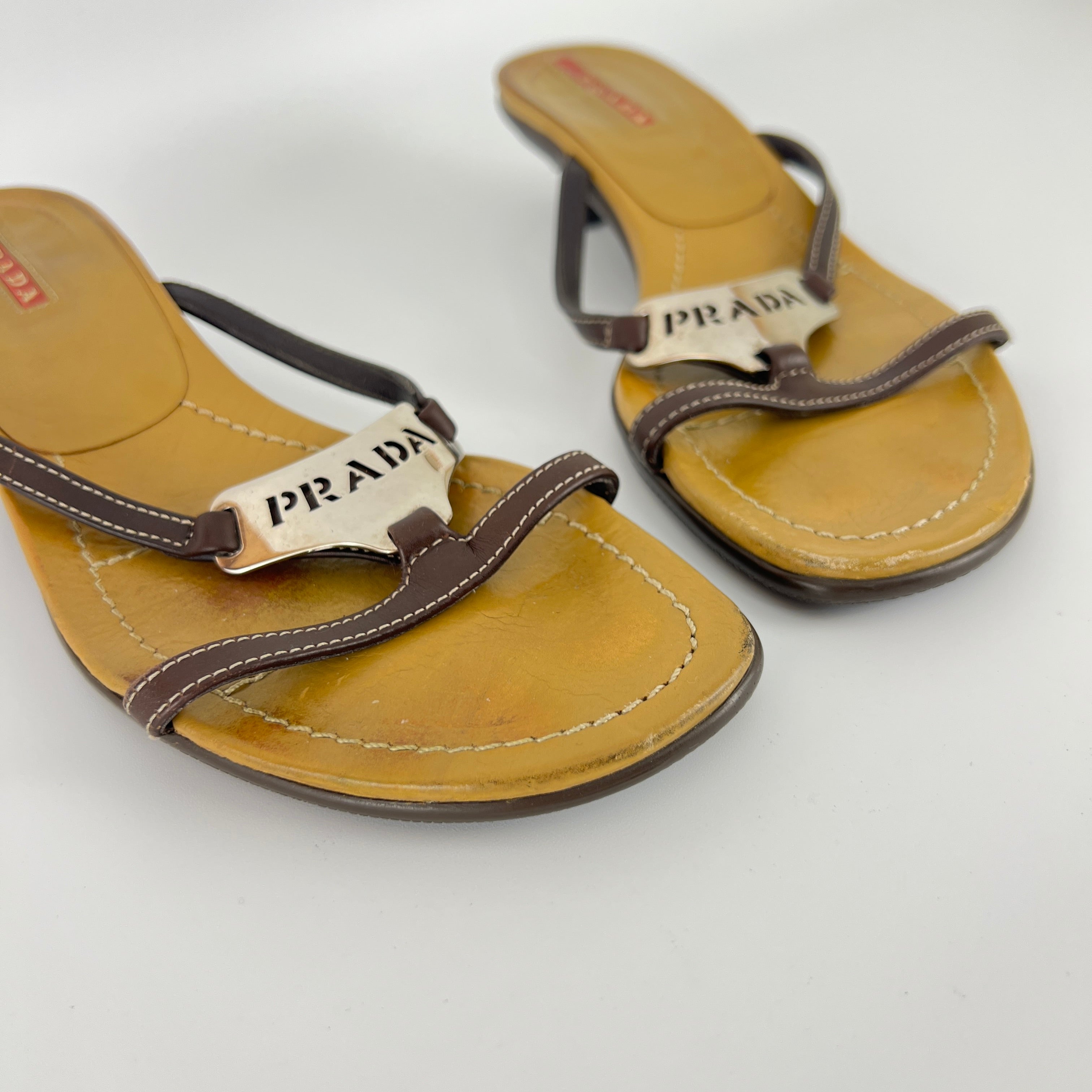 Prada | Brown Leather Silver Logo Buckle Kitten Sandal Heels (34.5)