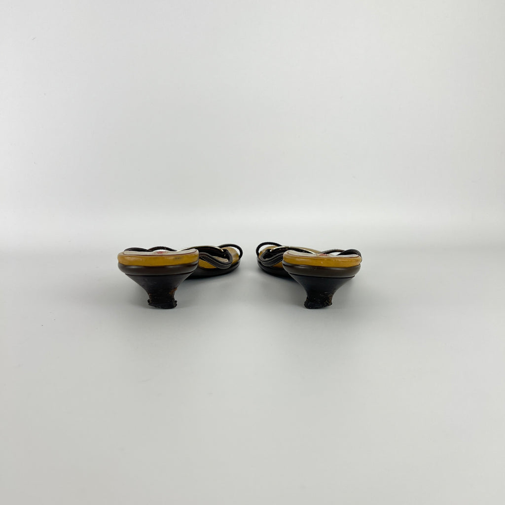 Prada | Brown Leather Silver Logo Buckle Kitten Sandal Heels (34.5)