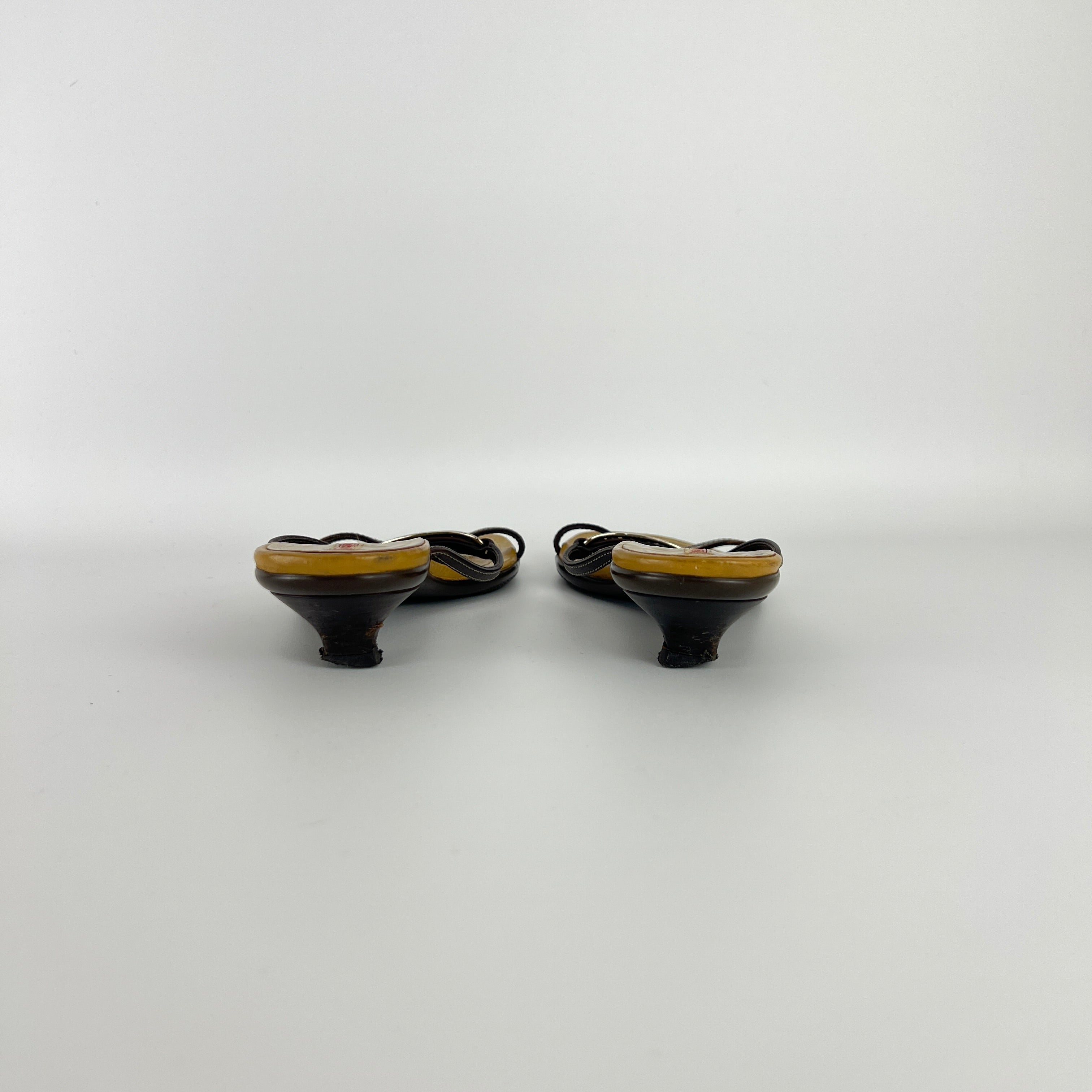 Prada | Brown Leather Silver Logo Buckle Kitten Sandal Heels (34.5)