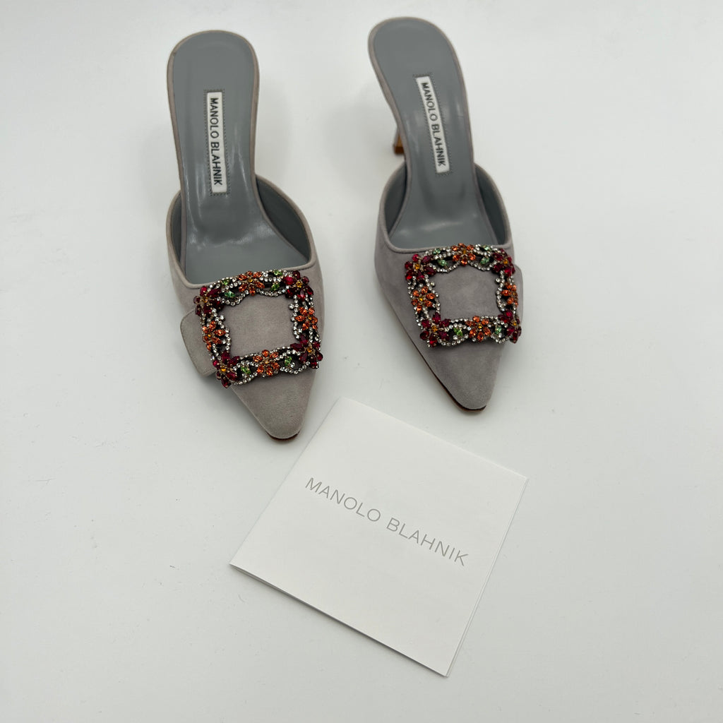 Manolo Blahnik | Maysale 70 Flower Crystal Buckle Gray Suede Leather Mules (37)