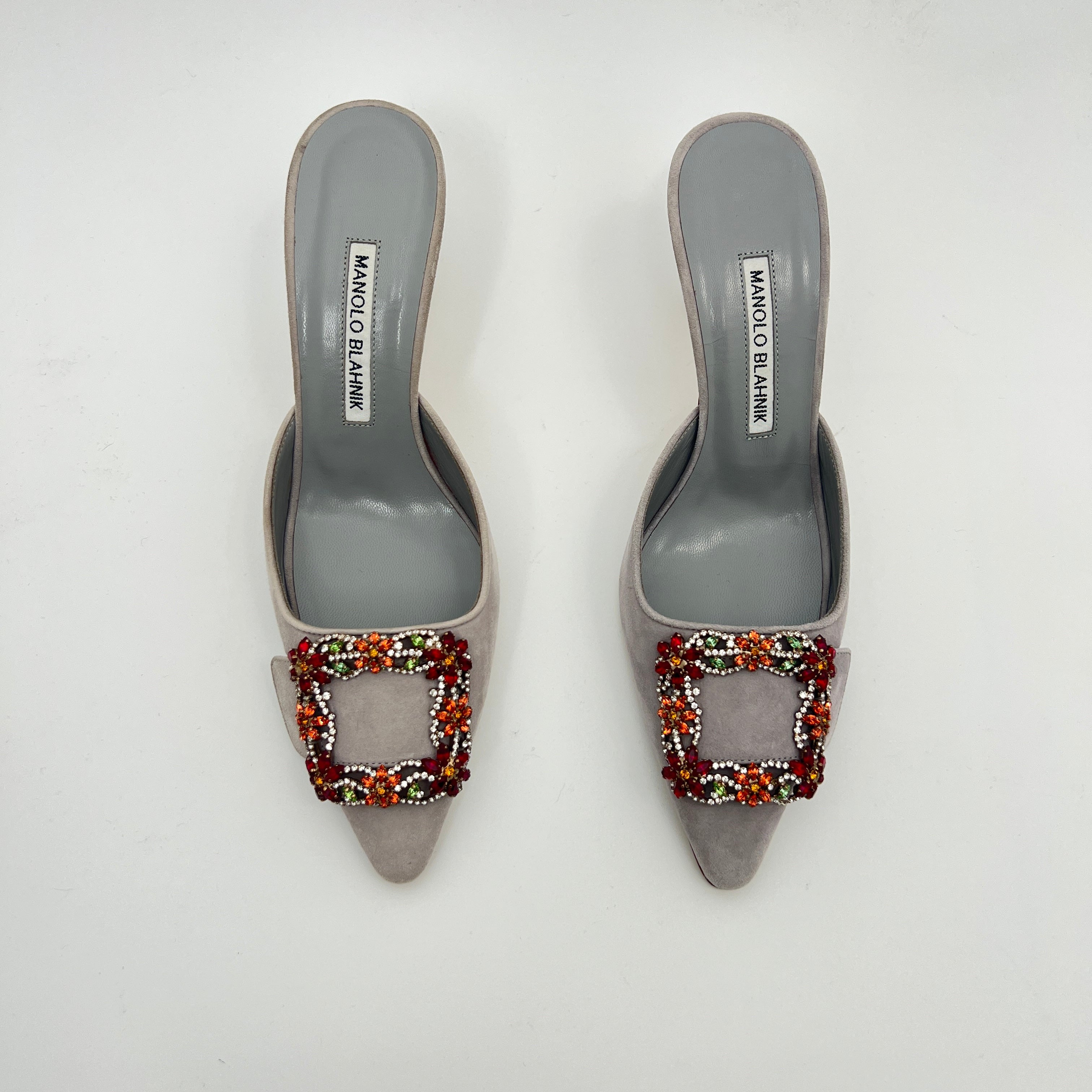 Manolo Blahnik | Maysale 70 Flower Crystal Buckle Gray Suede Leather Mules (37)