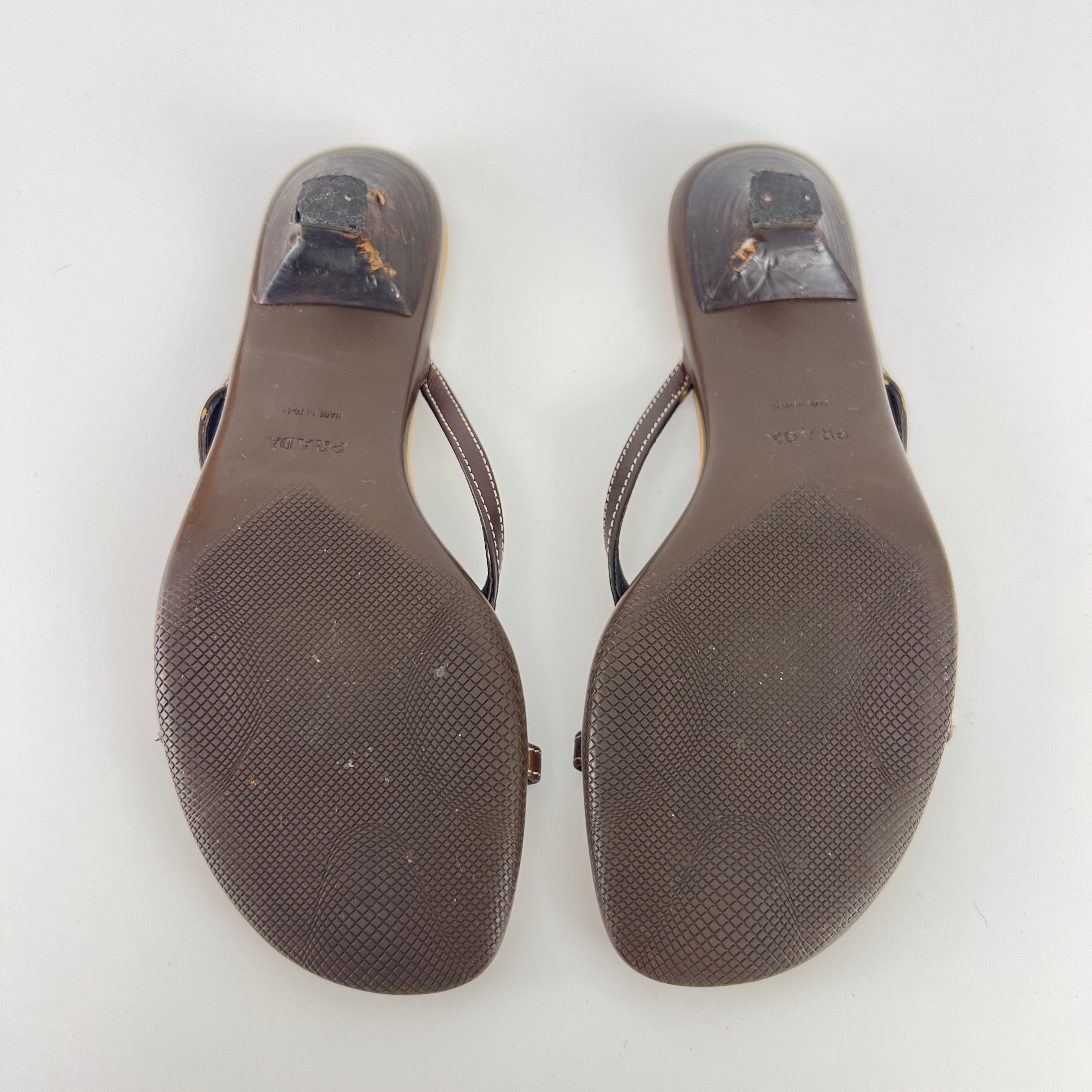 Prada | Brown Leather Silver Logo Buckle Kitten Sandal Heels (34.5)