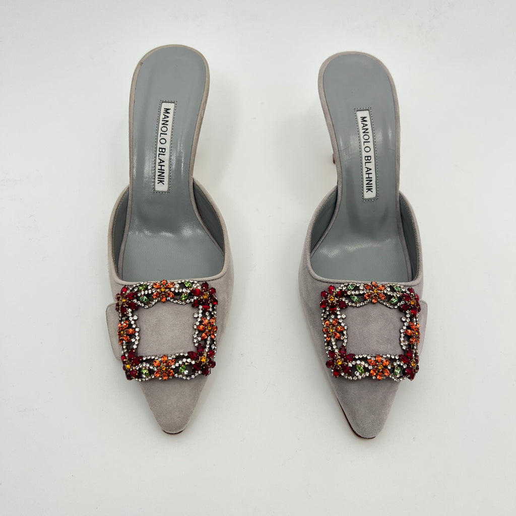 Manolo Blahnik | Maysale 70 Flower Crystal Buckle Gray Suede Leather Mules (37)
