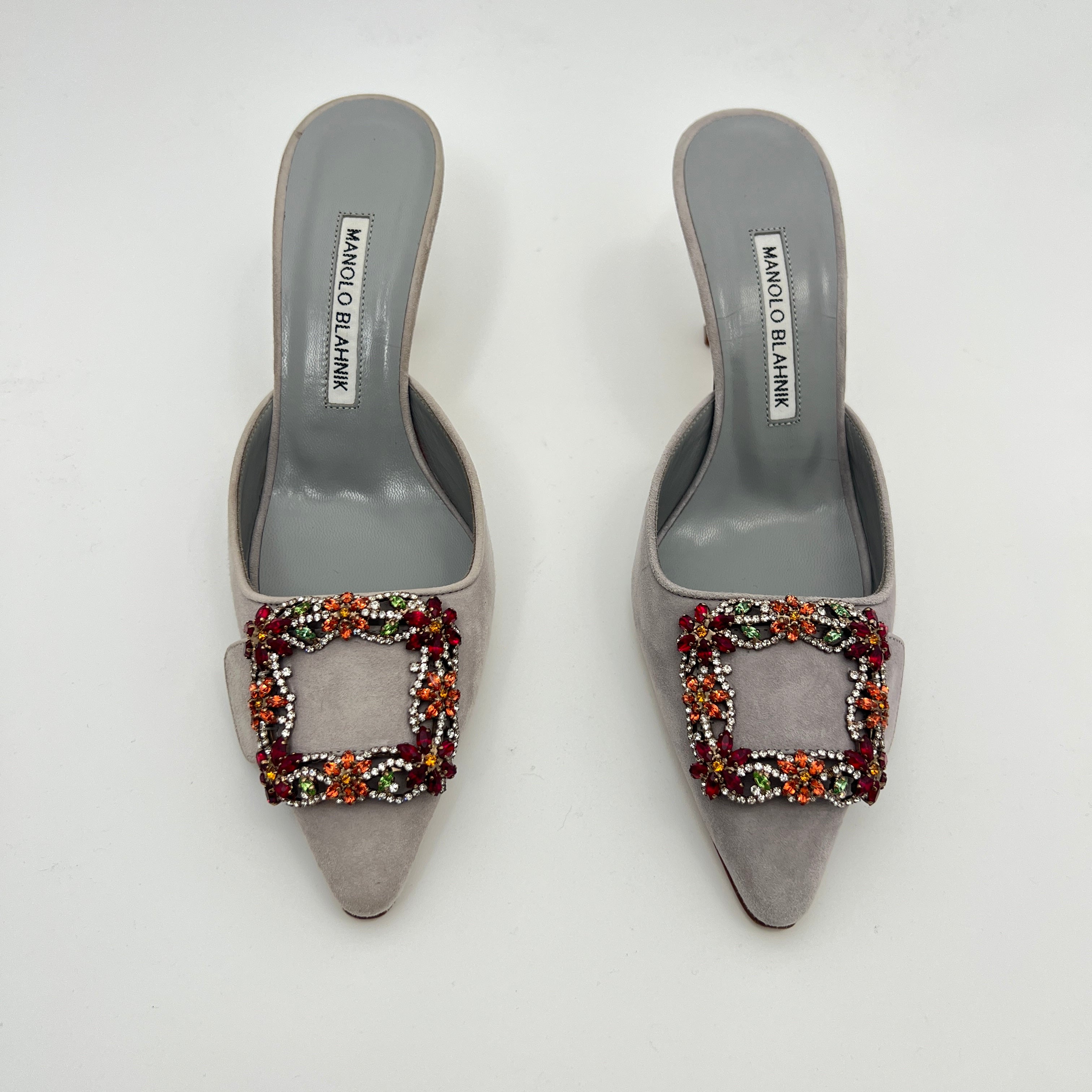 Manolo Blahnik | Maysale 70 Flower Crystal Buckle Gray Suede Leather Mules (37)