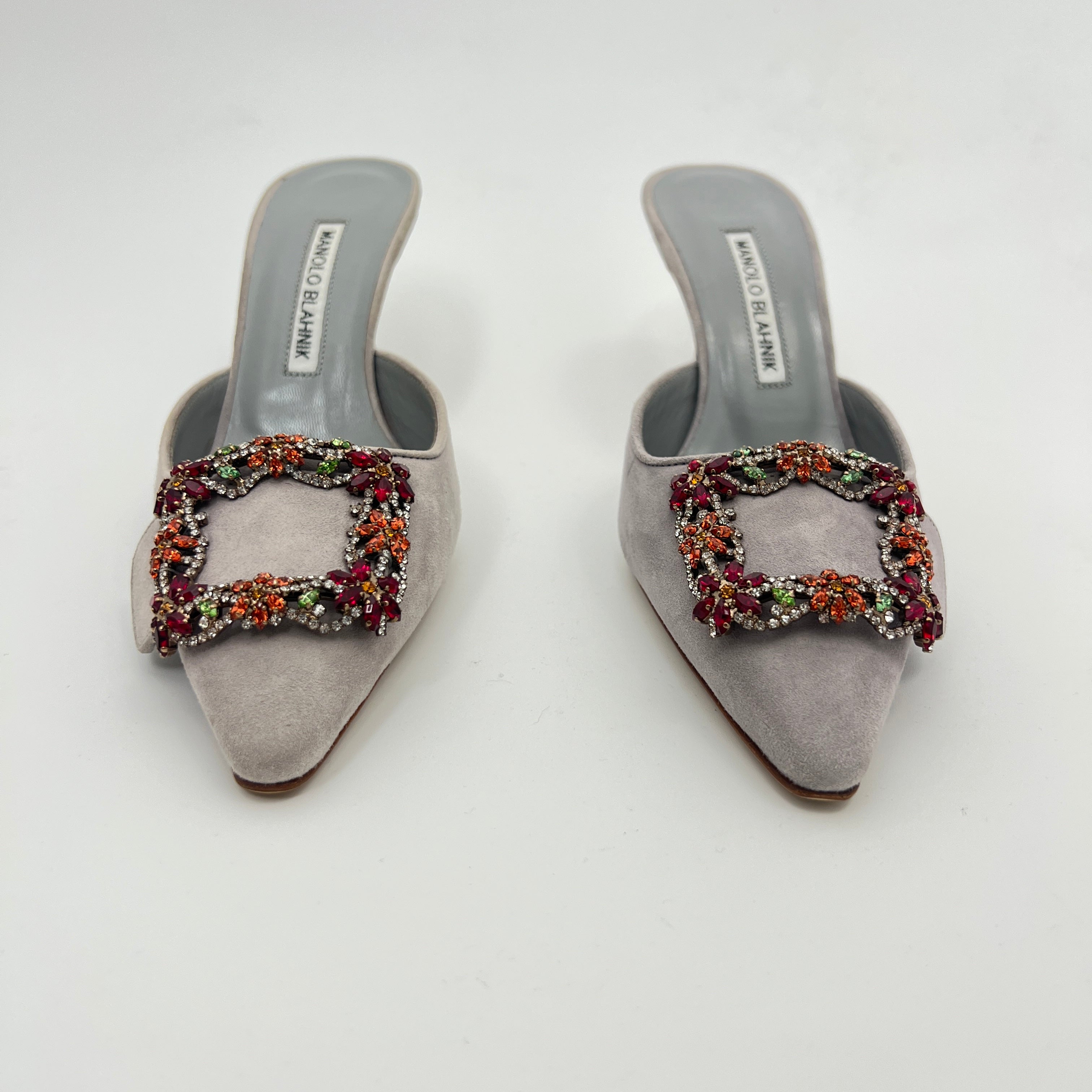 Manolo Blahnik | Maysale 70 Flower Crystal Buckle Gray Suede Leather Mules (37)