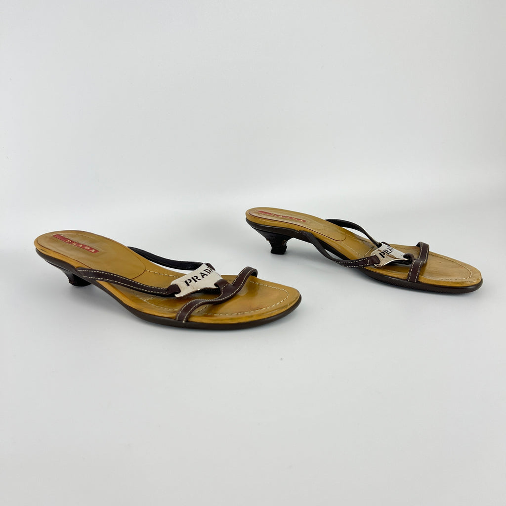 Prada | Brown Leather Silver Logo Buckle Kitten Sandal Heels (34.5)