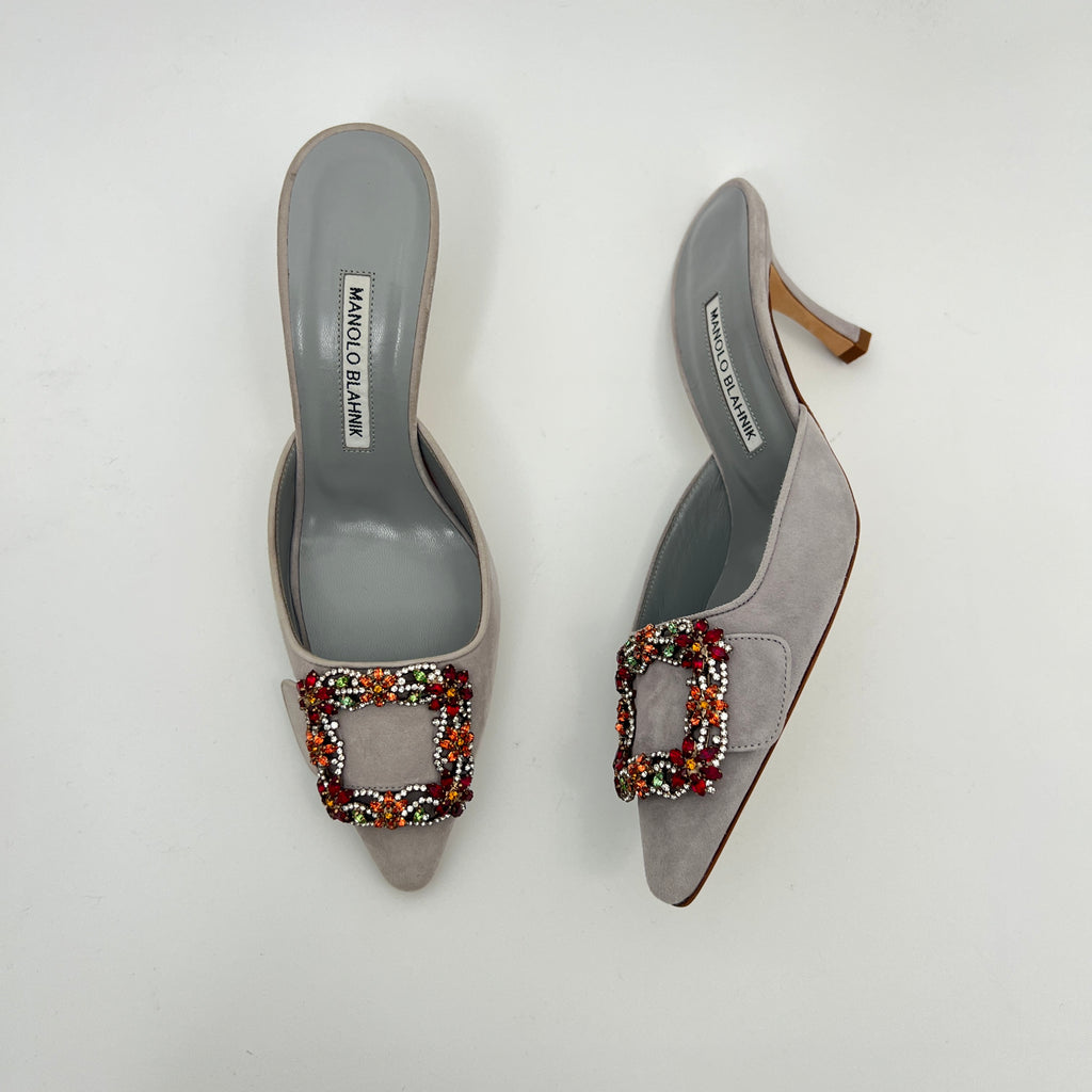 Manolo Blahnik | Maysale 70 Flower Crystal Buckle Gray Suede Leather Mules (37)