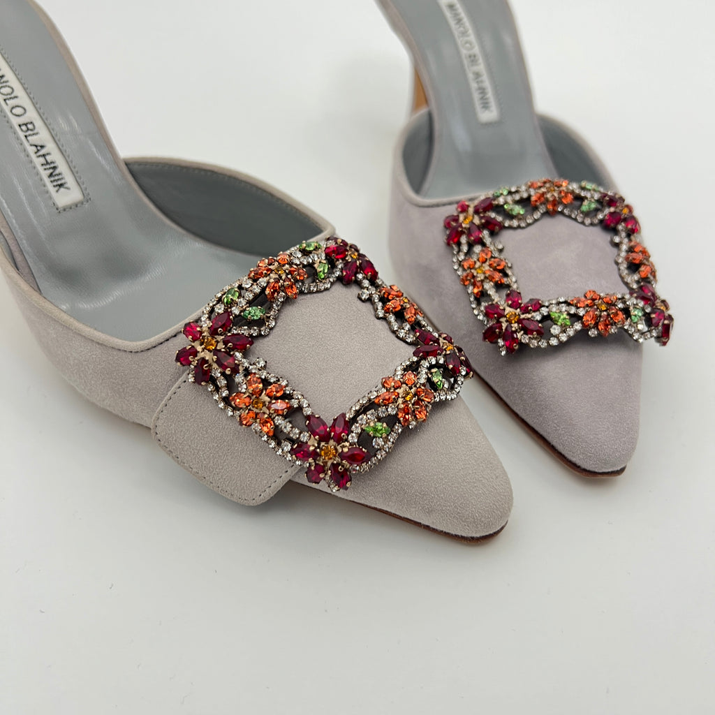 Manolo Blahnik | Maysale 70 Flower Crystal Buckle Gray Suede Leather Mules (37)