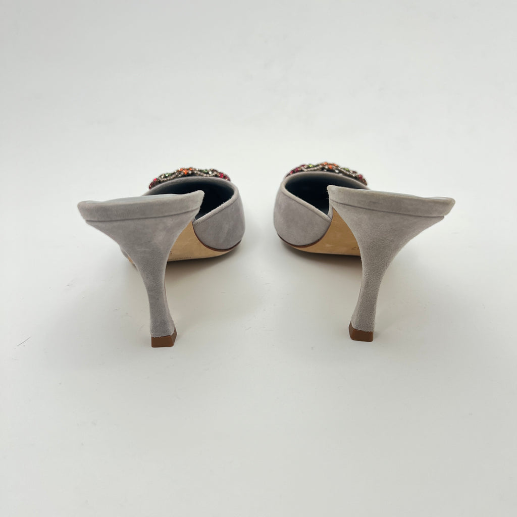 Manolo Blahnik | Maysale 70 Flower Crystal Buckle Gray Suede Leather Mules (37)