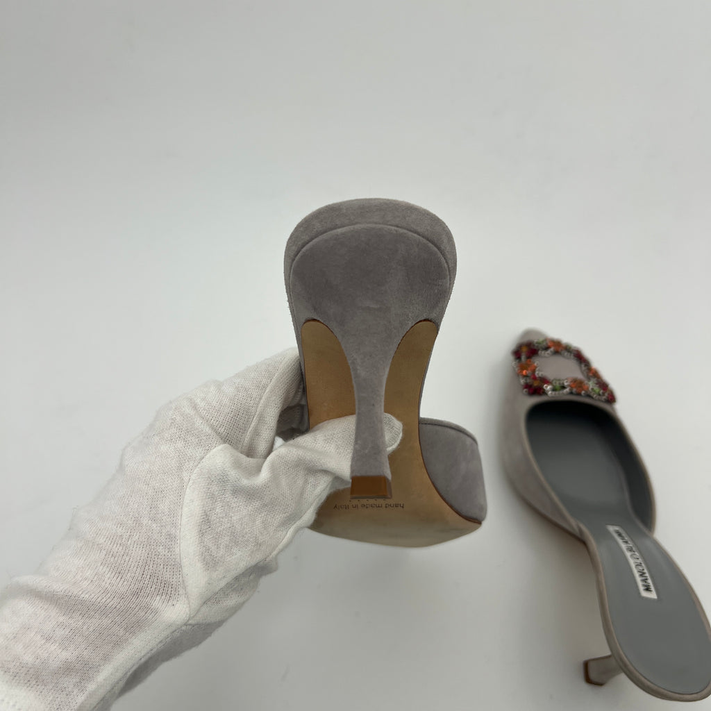 Manolo Blahnik | Maysale 70 Flower Crystal Buckle Gray Suede Leather Mules (37)