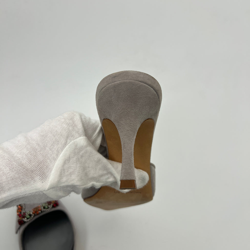 Manolo Blahnik | Maysale 70 Flower Crystal Buckle Gray Suede Leather Mules (37)