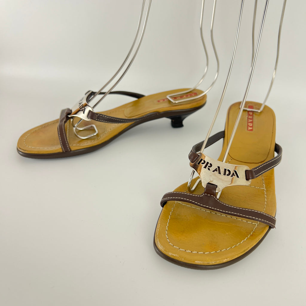 Prada | Brown Leather Silver Logo Buckle Kitten Sandal Heels (34.5)