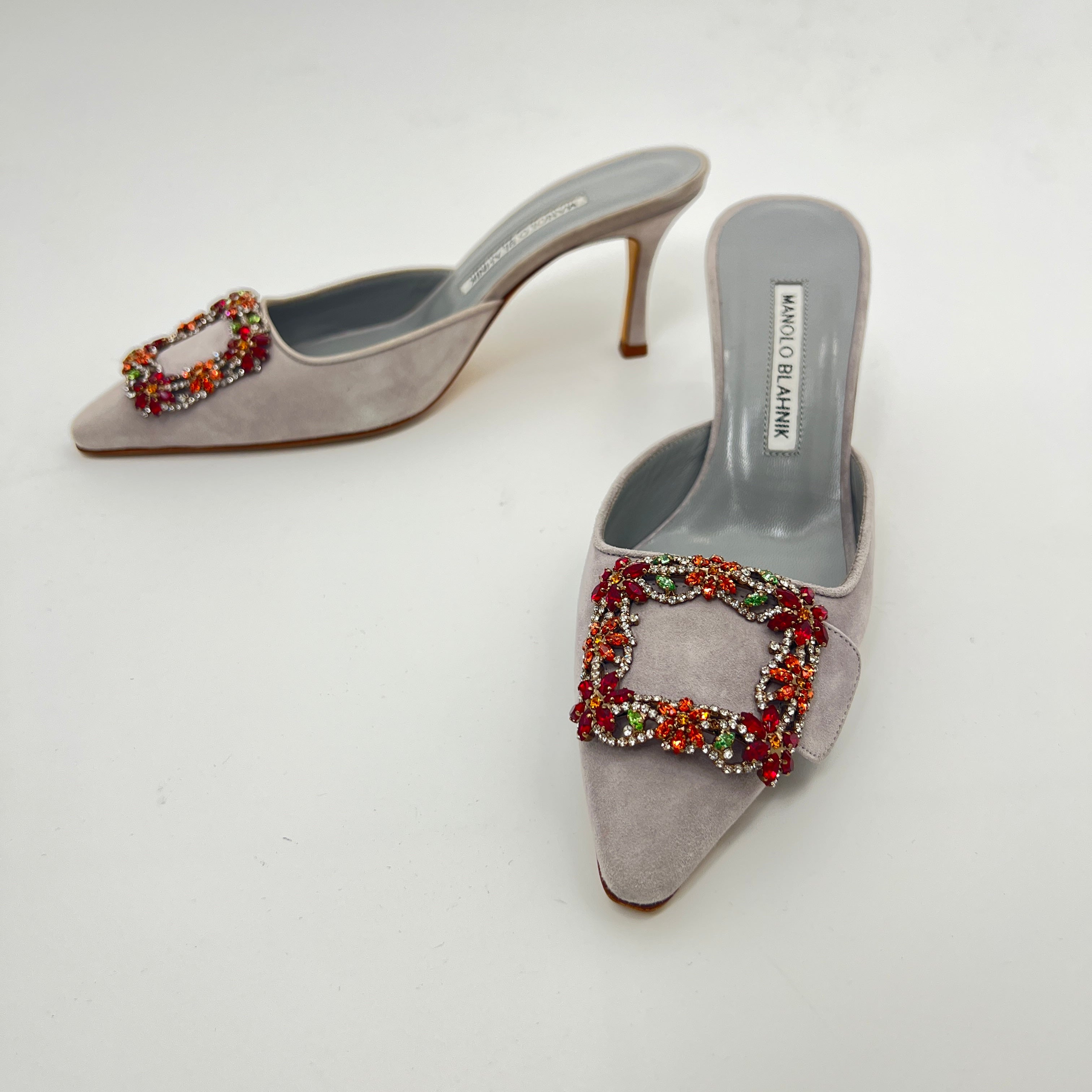 Manolo Blahnik | Maysale 70 Flower Crystal Buckle Gray Suede Leather Mules (37)