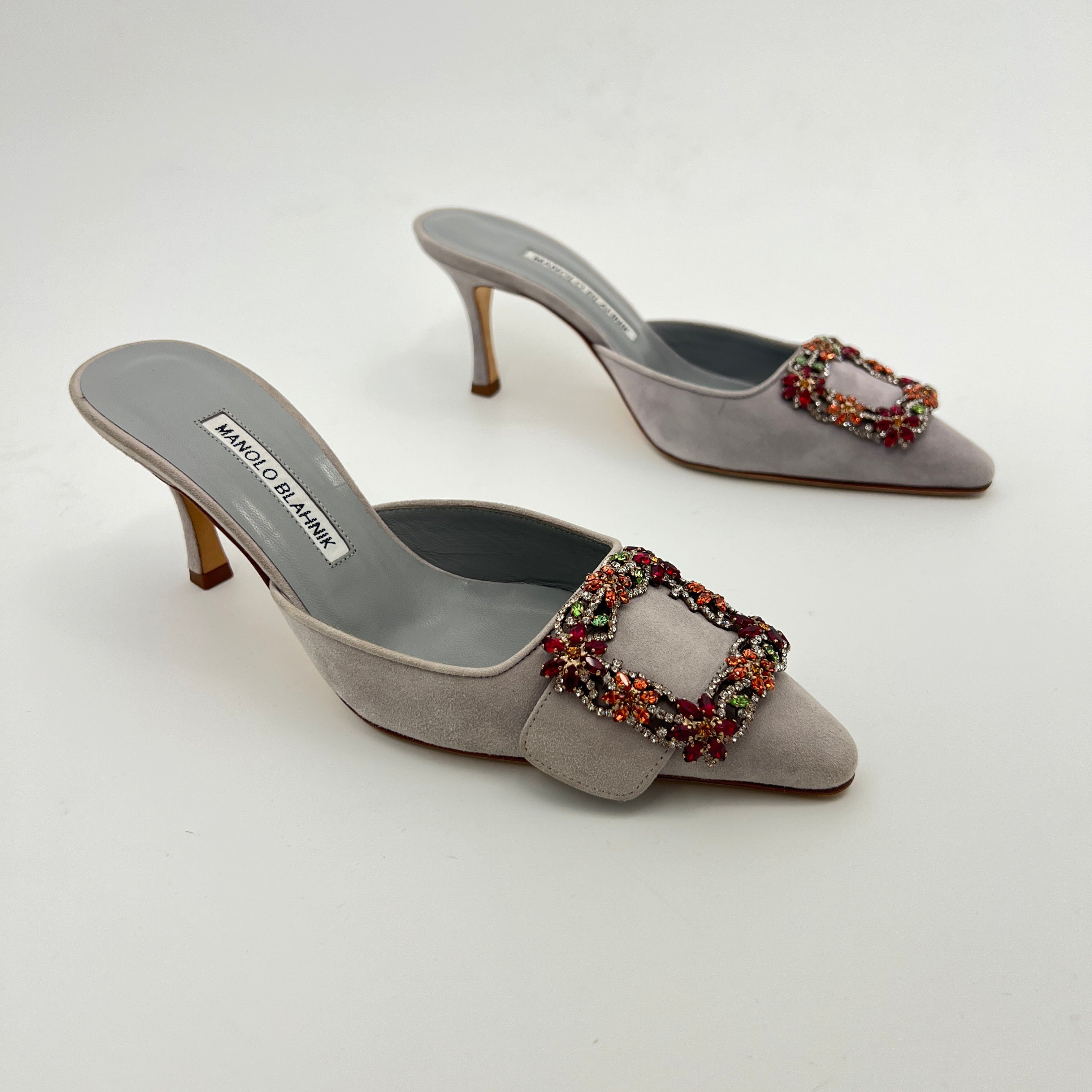 Manolo Blahnik | Maysale 70 Flower Crystal Buckle Gray Suede Leather Mules (37)