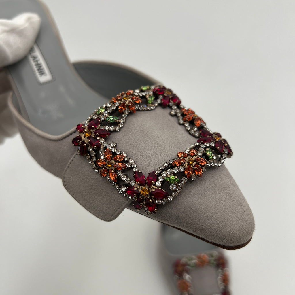 Manolo Blahnik | Maysale 70 Flower Crystal Buckle Gray Suede Leather Mules (37)