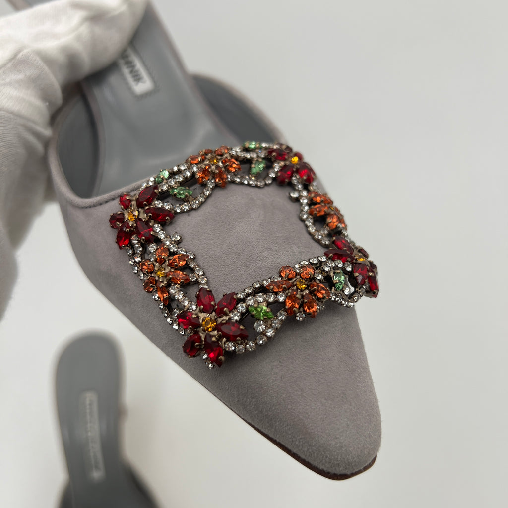 Manolo Blahnik | Maysale 70 Flower Crystal Buckle Gray Suede Leather Mules (37)