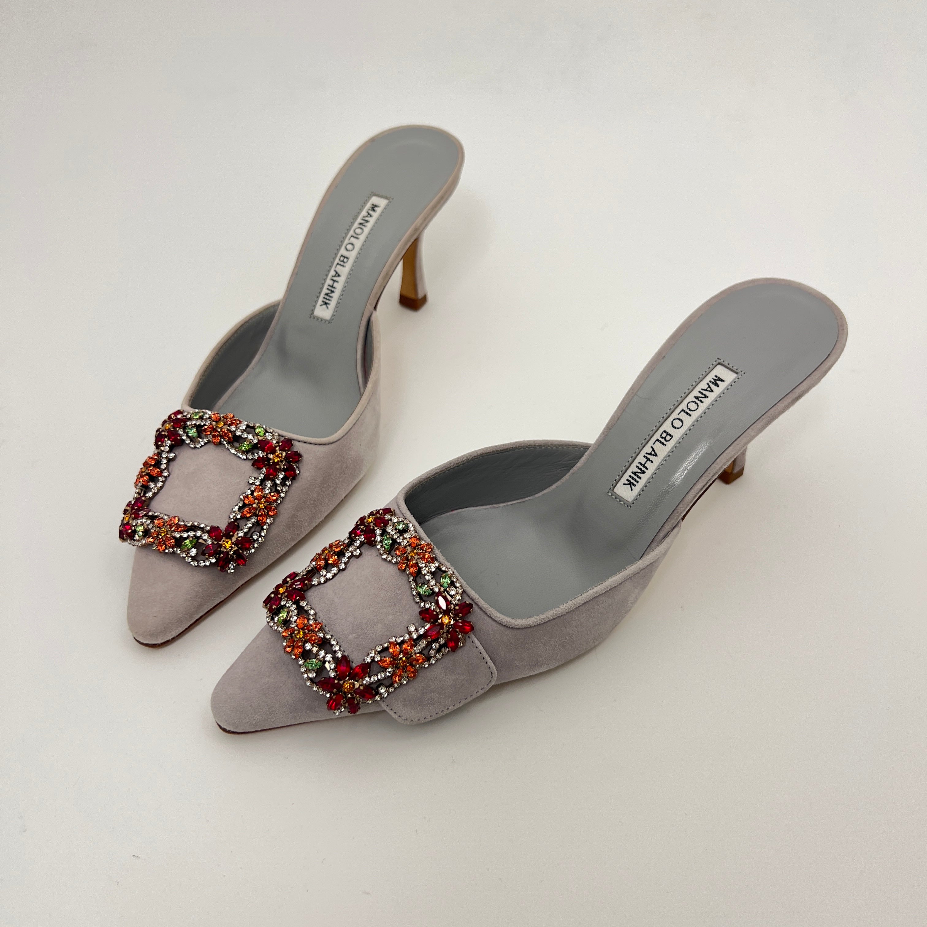 Manolo Blahnik | Maysale 70 Flower Crystal Buckle Gray Suede Leather Mules (37)